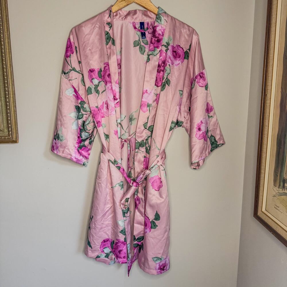 Apt 9 Pink Floral Satin Kimono Robe Belted Short Bathrobe Loungewear L